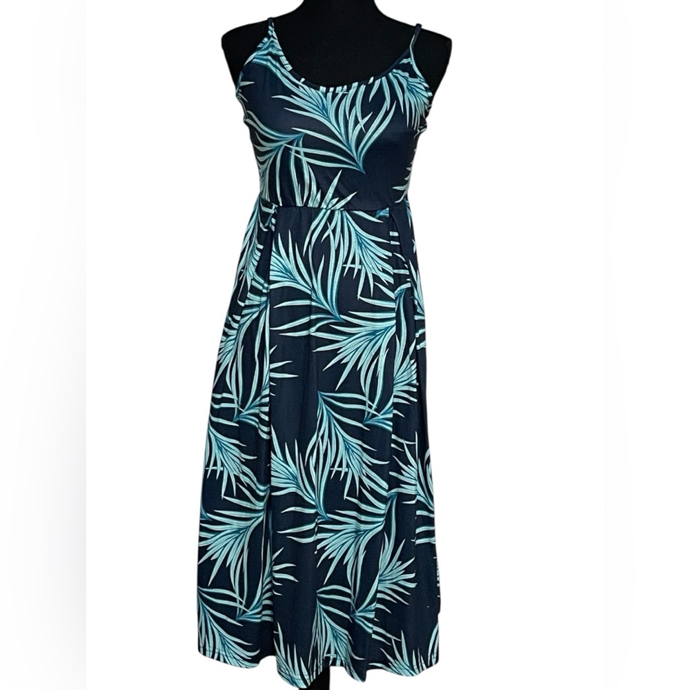 PatPat Navy and Aqua Leaf Print Dress